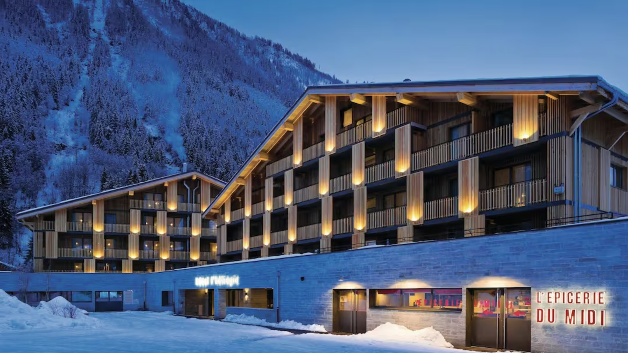 Wooden architecture exterior of the Heliopic Hotel and Spa